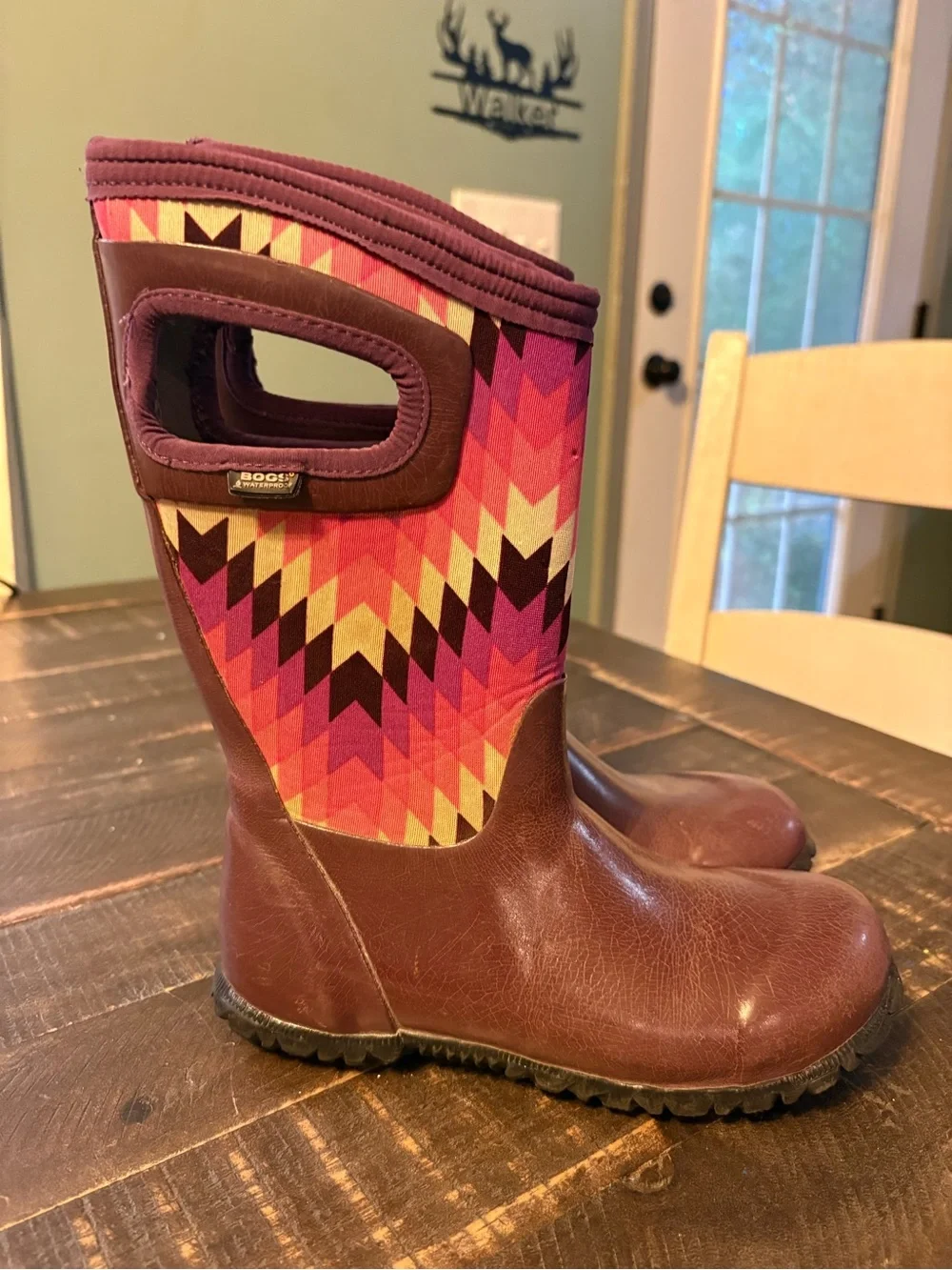 Bogs Waterproof Girl’s Plum & Pink Multi Zigzag Neoprene Rain Boot Insulated**